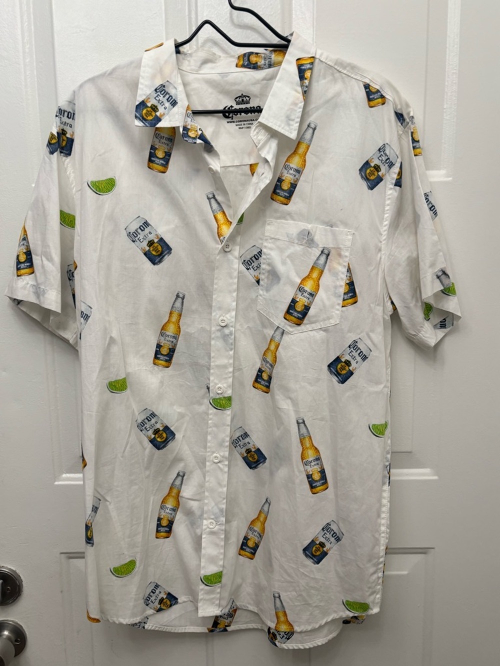 Corona Print White Short-Sleeve Camp Shirt